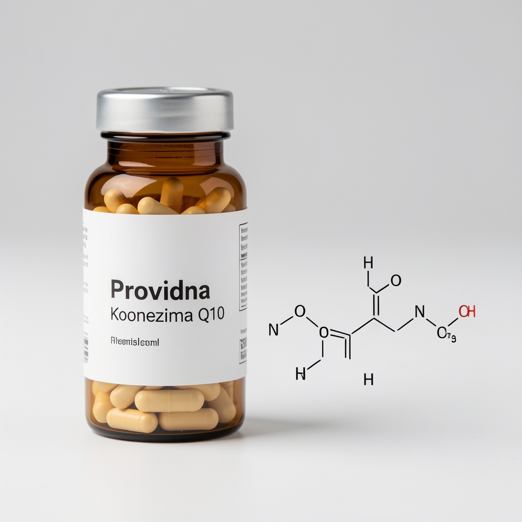 Providna bočica sa kapsulama koenzima Q10 pored beleške sa hemijskom formulom