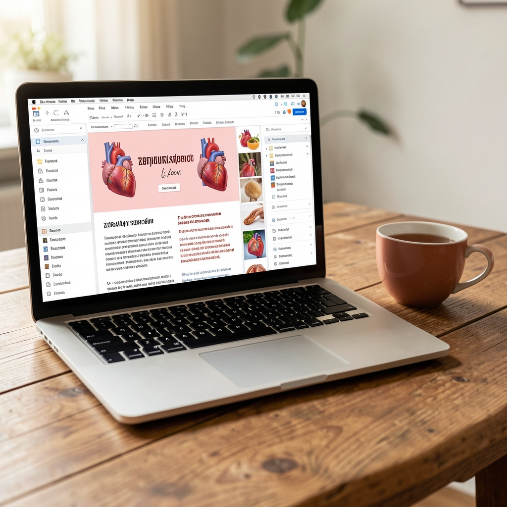 Laptop na drvenom stolu sa otvorenim editorijalnim tekstom o zdravlju srca i šoljom čaja