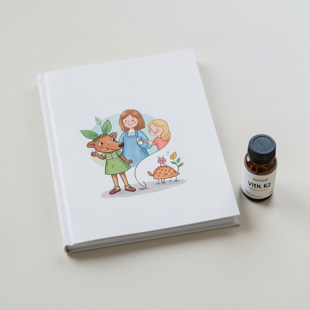 Bela sveska sa ilustracijom lista i bočicom vitamina K2 na svetloj podlozi