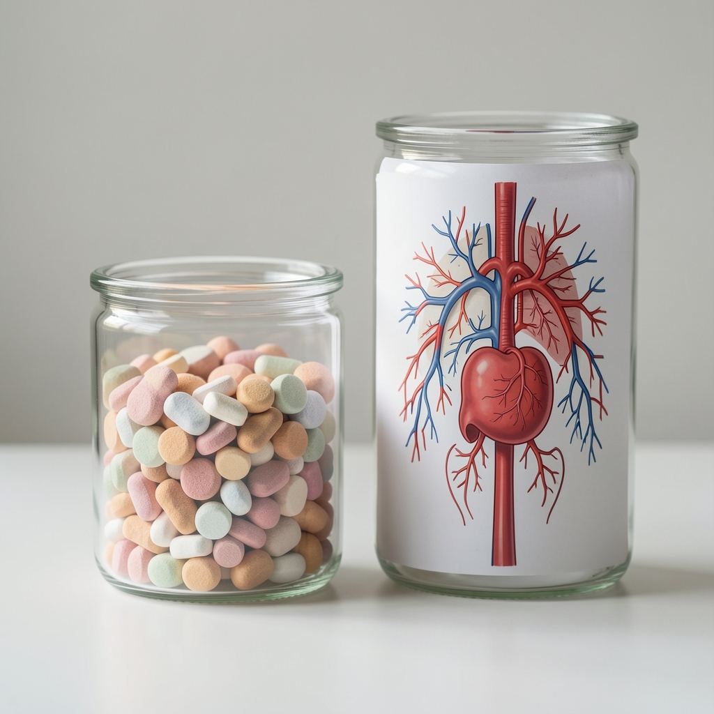 Beli prah aminokiseline u staklenoj posudi pored anatomske ilustracije krvnih sudova